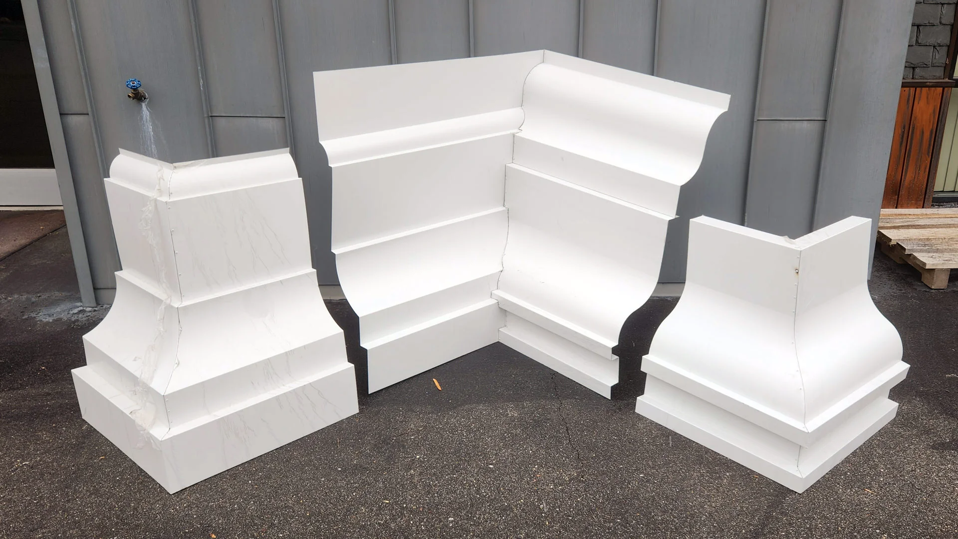 Aluminum cornice miters with 2 different profiles